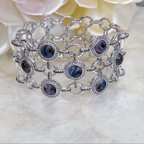 Silver Tone Hematite Labradorite CZ Cuff Bracelet